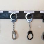 Define / Confine, coat rack, handcuffs, keys, paint, paper, 2017
