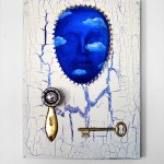 SOLD ~ Dream, Acrylic and found objects, pressed paper face form on cradle board,16.5in x 12in x 2in